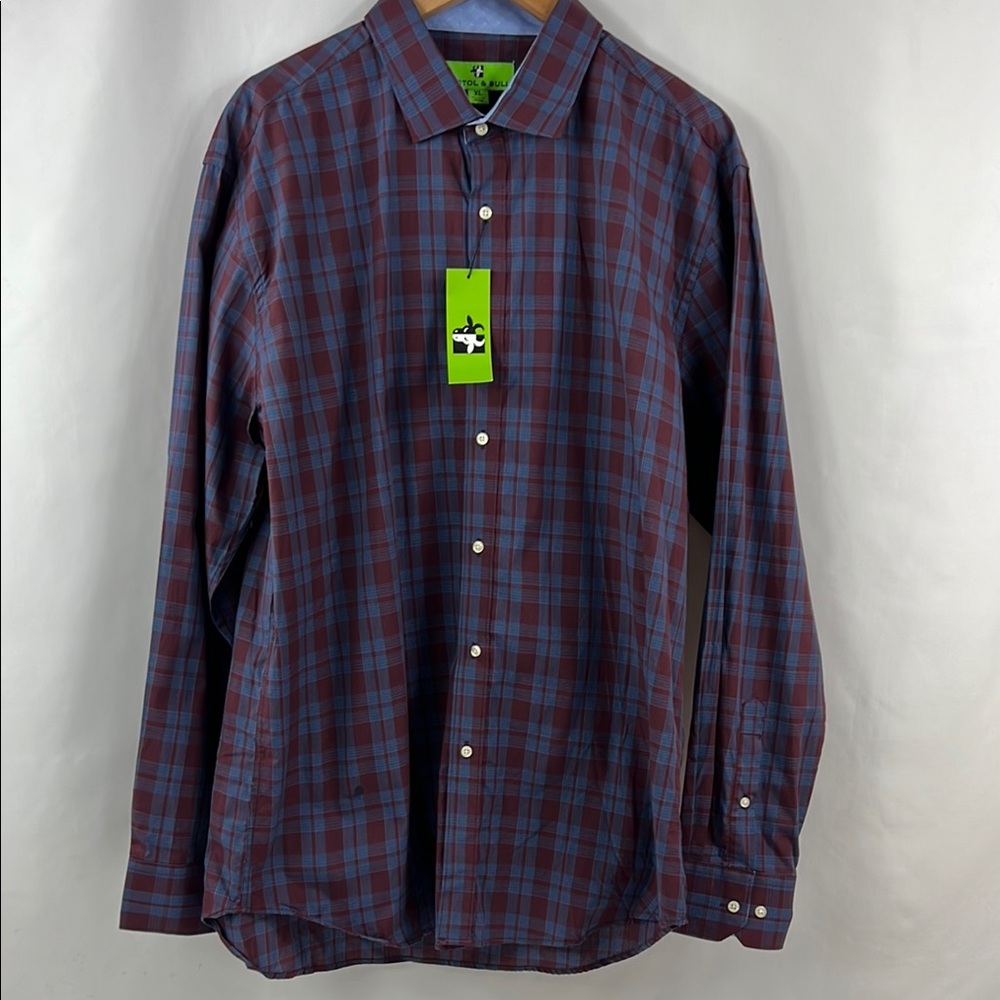 NWT Bristol & Bull Blue‎ & Maroon Plaid Button Down Contrast Trim Shirt Size XL